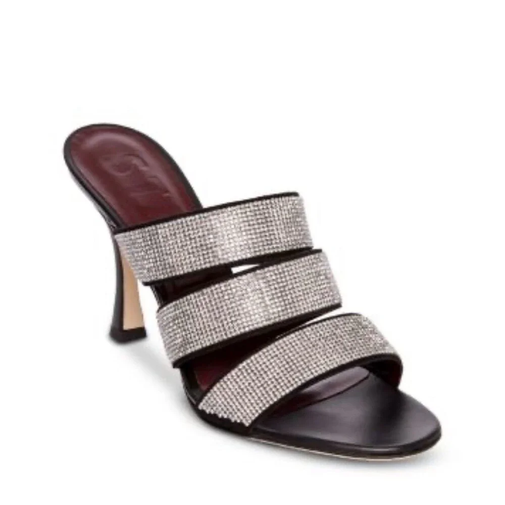 Staud Sonny Rhinestone Sandals Black Multi Strap Slides Heels Sz 36 / 6US